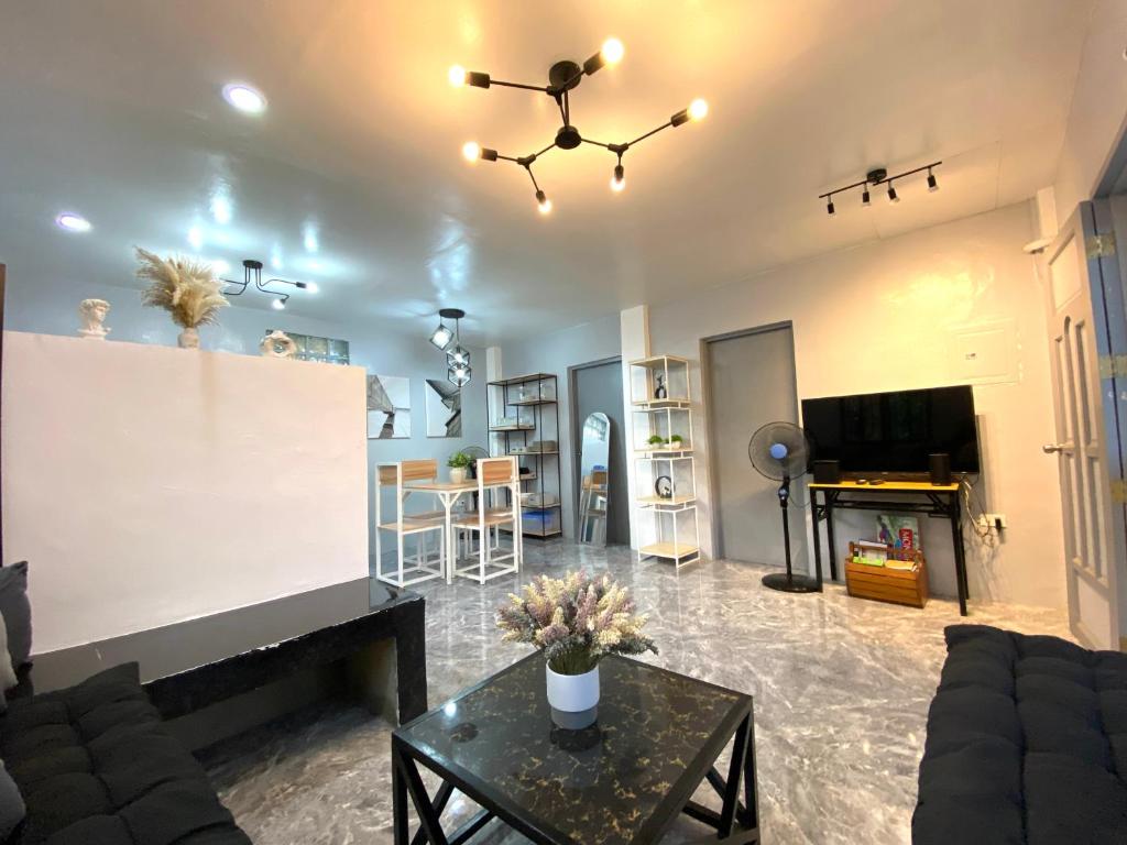 维拉克Can accommodate up to 10 guest near Virac Airport的带沙发和壁炉的客厅