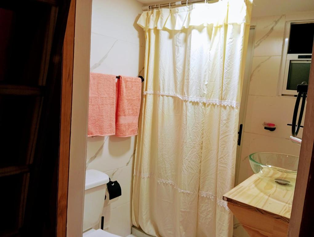 皮里亚波利斯Hermosa cabaña con excelente vista panorámica的带淋浴帘和卫生间的浴室