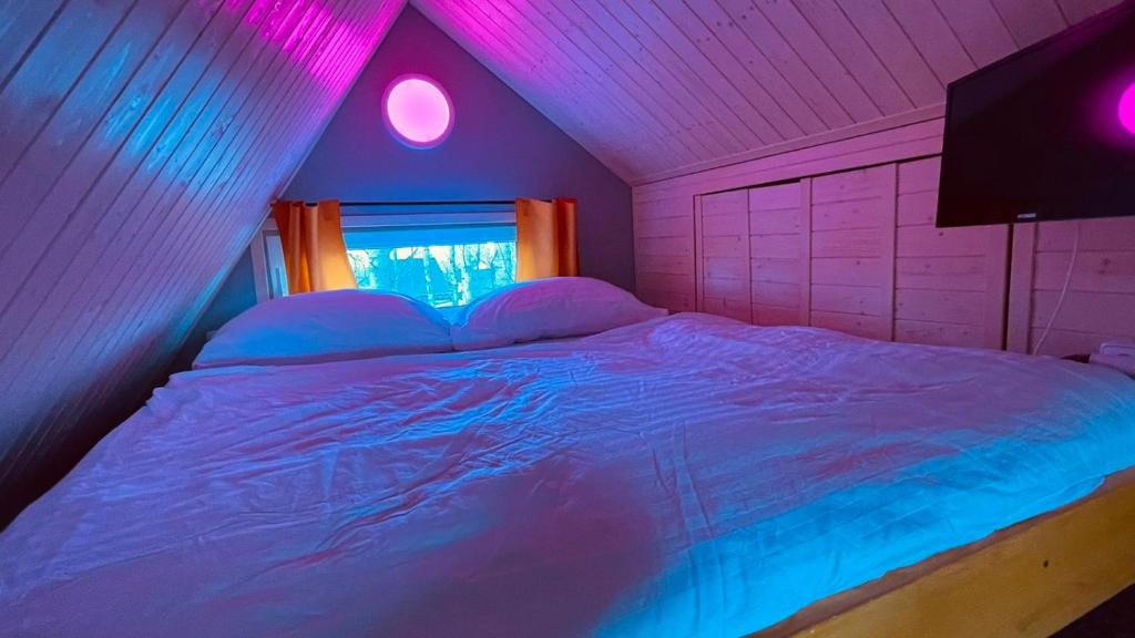 SmržovkaPrivátní wellness domek RockStar的粉红色和蓝色灯的房间里一张床位