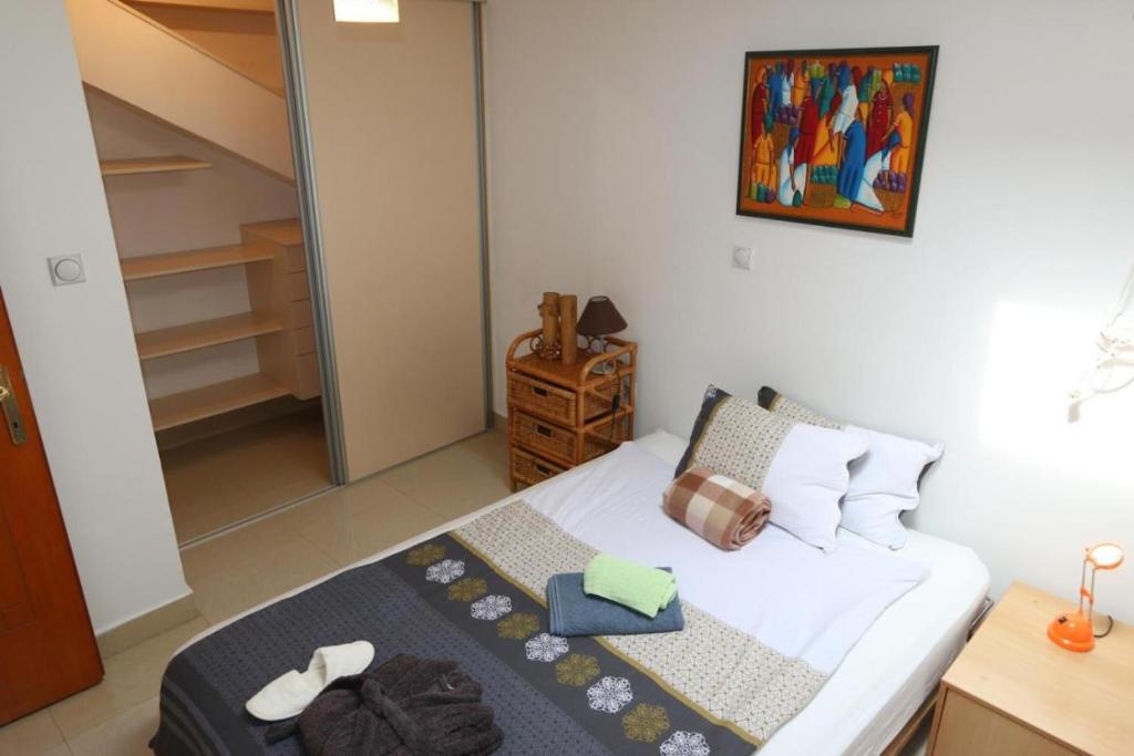 斯科普里Skopje Center Sistoni Private Rooms的一间带一张床和一个衣柜的小卧室