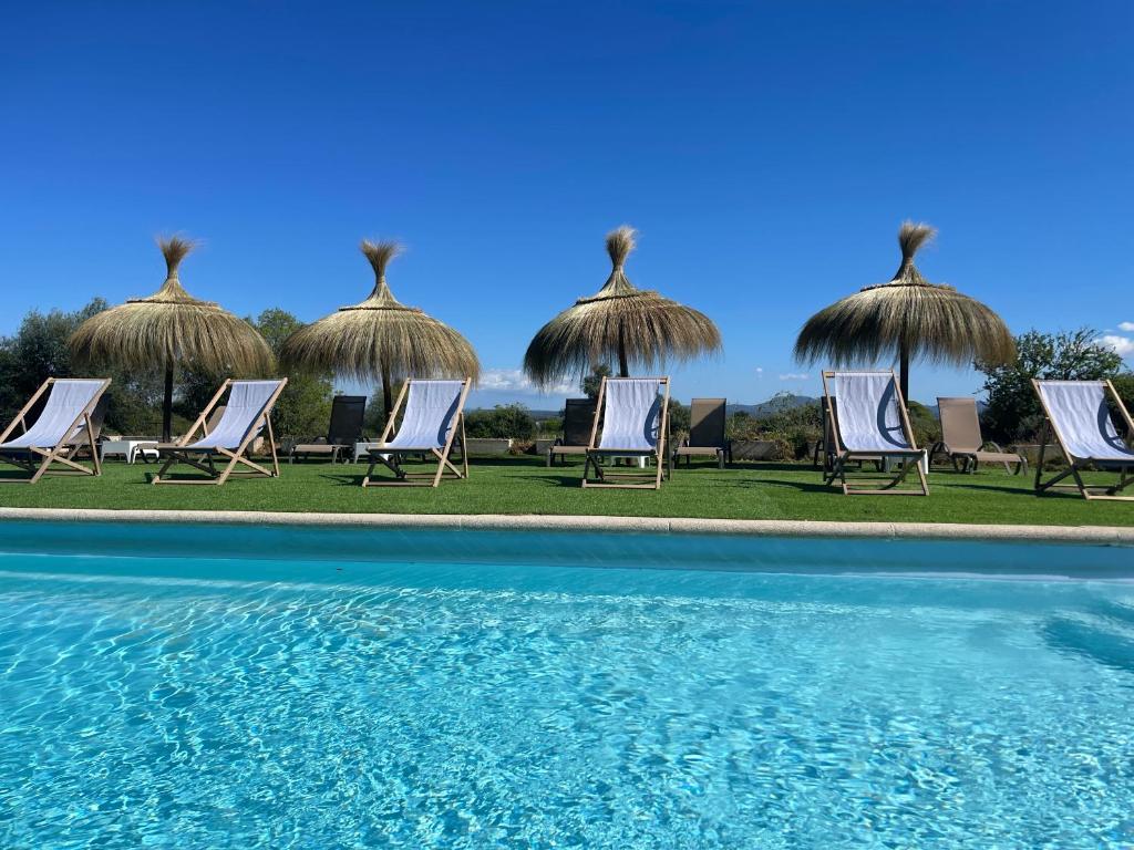 比尼萨勒姆芬卡达尔特姆拉达农场酒店的一组椅子和遮阳伞,位于游泳池旁