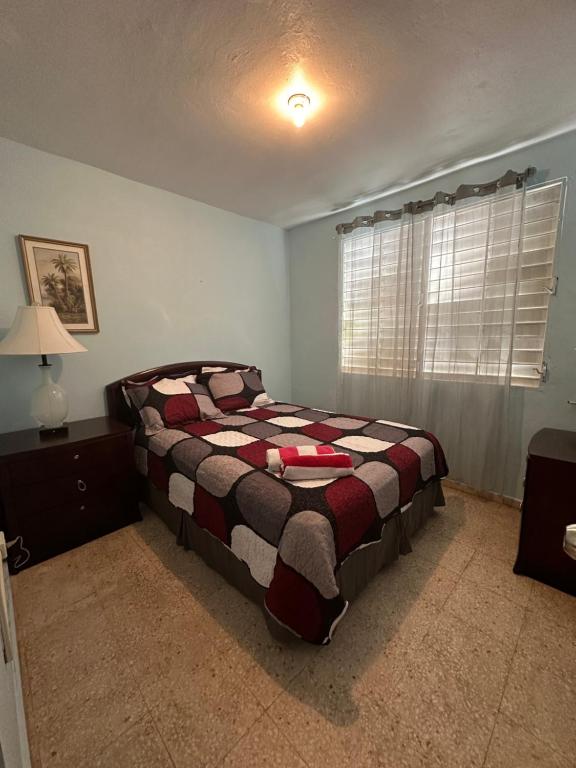圣胡安3BR, 1BA in Cepeda, Up to 20 Guests near Ocean Park Beach的一间卧室设有一张床和一个窗口