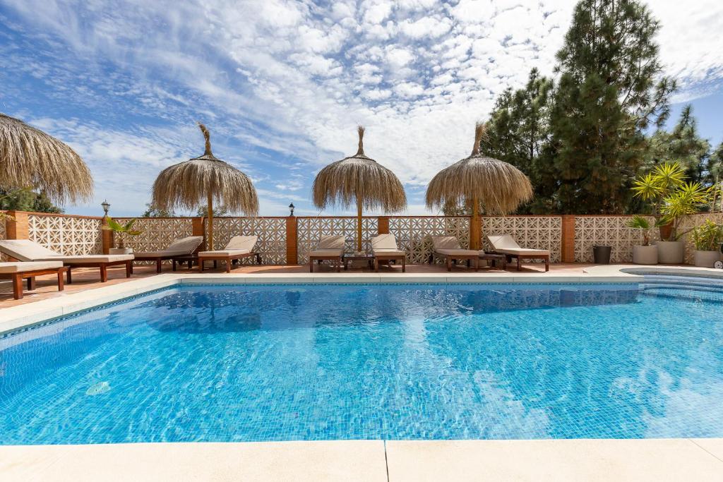马拉加Bed & Breakfast Villa Botánica的一个带椅子和遮阳伞的游泳池