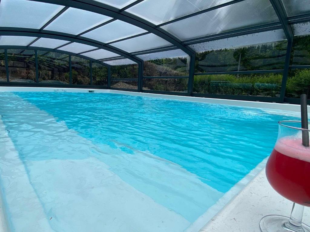 巴尼奥勒德日洛恩BRIT HOTEL & SPA Le Roc au Chien的游泳池旁设有一杯葡萄酒