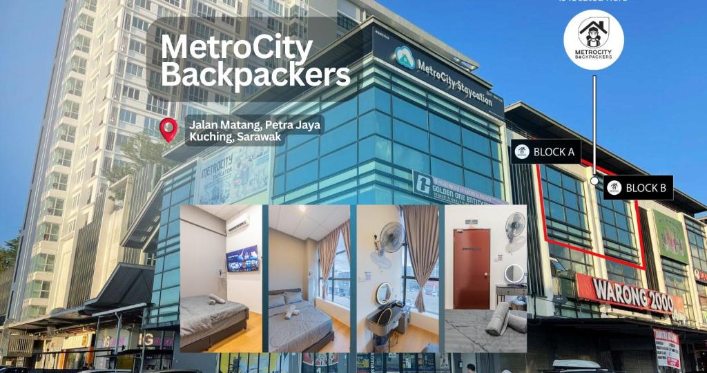 古晋MetroCity Backpackers的建筑物照片的拼贴