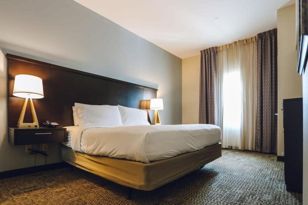 休斯顿Chinatown 1B and Free Parking Washer and Dryer Gym Relux的酒店客房设有一张大床和两盏灯。