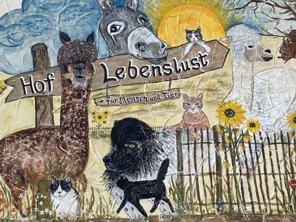 劳特拉赫Hof Lebenslust für Mensch und Tier的墙上的狗和猫画