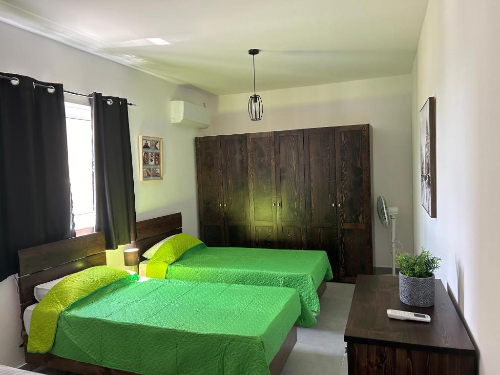 HamrunStudio flat 7A的配有绿床单的客房内的两张床