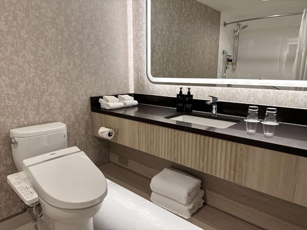 维多利亚维多利亚码头APA海岸酒店的一间带卫生间、水槽和镜子的浴室