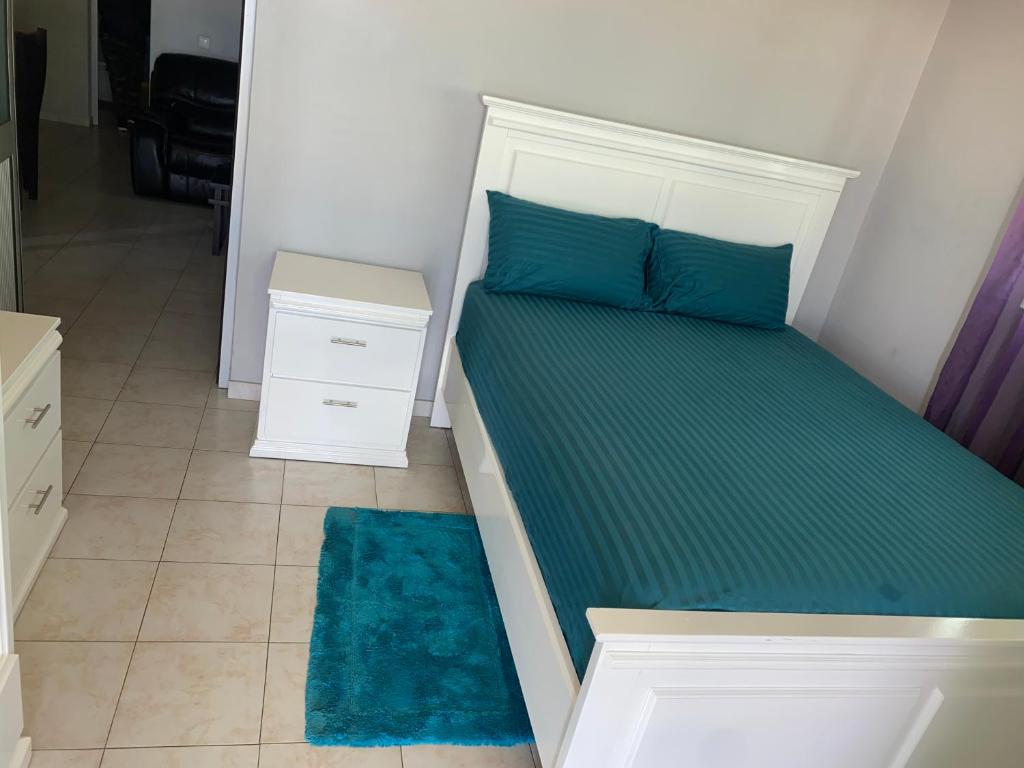 圣菲利佩Casa tchitchi的一间卧室配有一张带蓝色枕头的床和地毯。