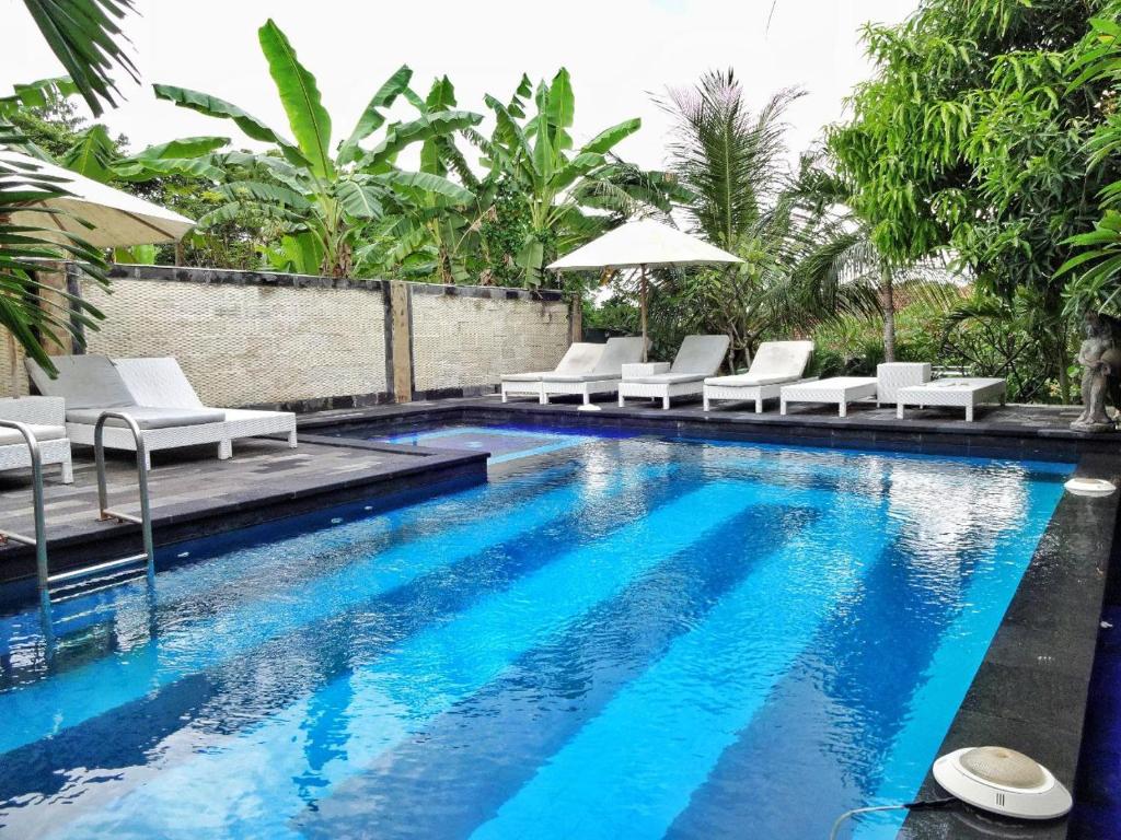 蓝梦岛Villa Cempaka Lembongan的一个带白色躺椅的游泳池和一个泳池景