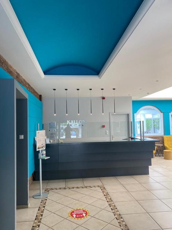 沃洛斯卡洛尼酒店的一间设有蓝色天花板和柜台的房间
