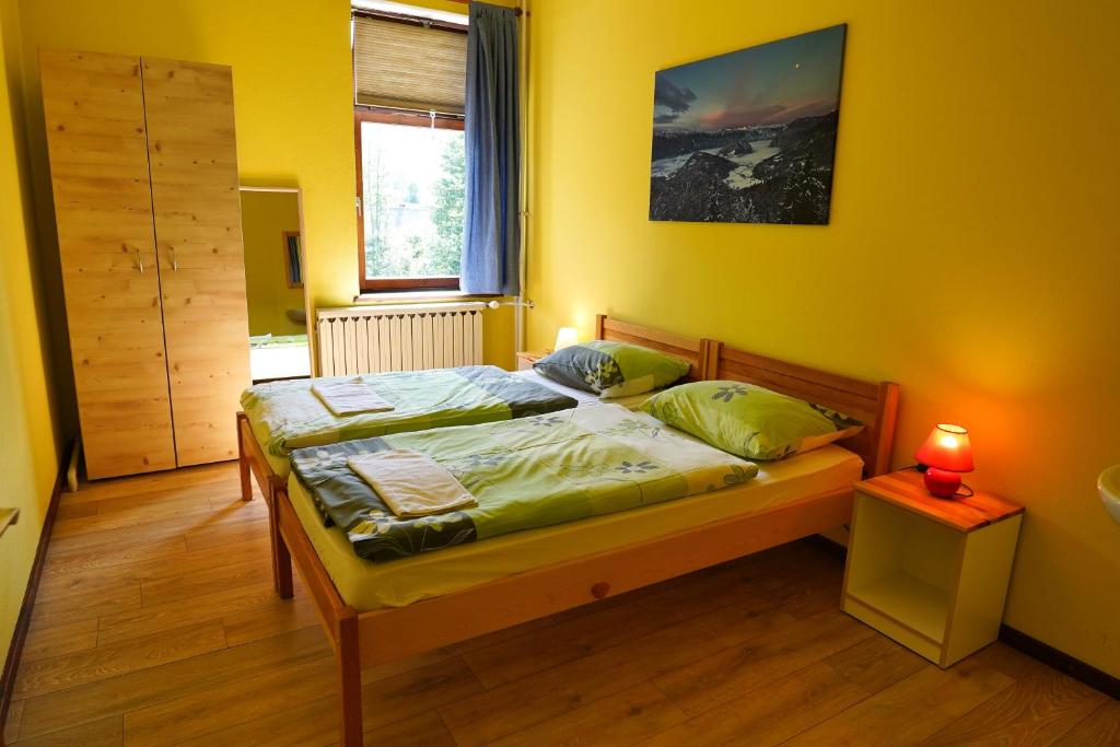 博希尼House Budkovič的一间带床的卧室,位于带窗户的房间内