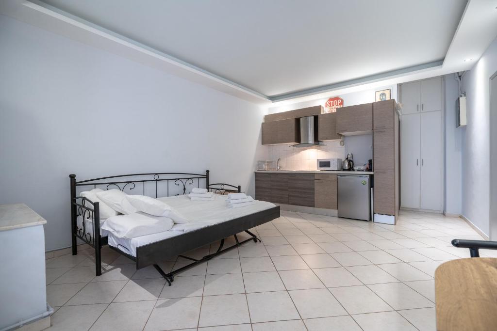 比雷埃夫斯Kastella cozy flat for 2 persons my MPS的配有床和厨房的大客房