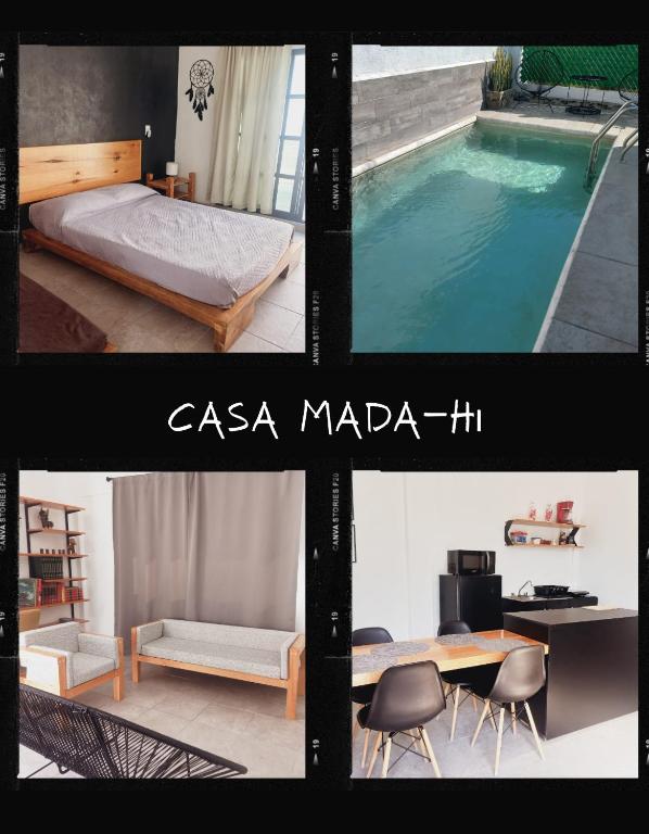 TlayecacCasa Mada-hi的卧室和游泳池的照片拼合在一起