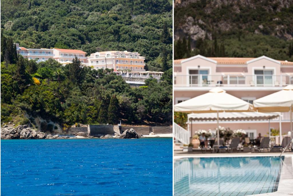帕莱欧卡斯提撒奥德修斯酒店的两幅房子和游泳池的照片