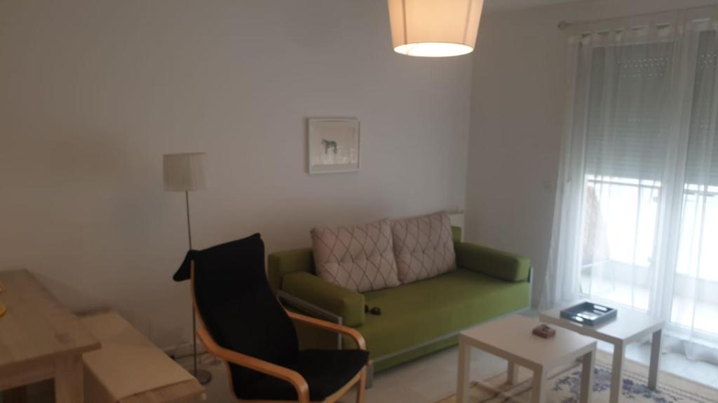 普里什蒂纳White Apartments的客厅配有绿色沙发和桌子