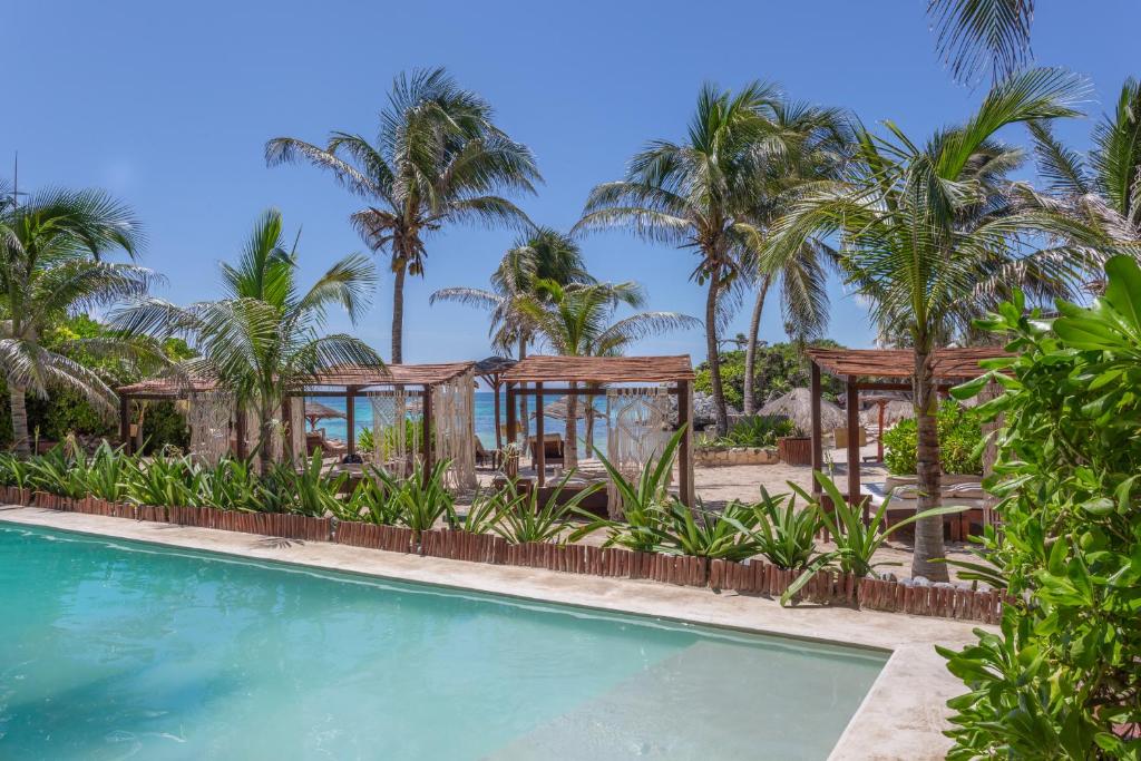 图卢姆图卢姆玛利亚海酒店 - 仅限成人入住的度假村的游泳池,种植了棕榈树,设有凉亭