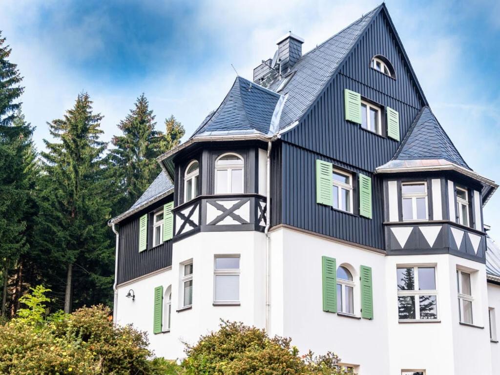 Kurort BärenburgHoliday apartment Ahornspitze的白色的房子,有黑色的屋顶和绿色百叶窗