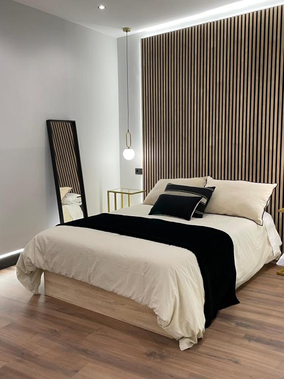 萨拉曼卡Plaza Mayor de Salamanca By LixLoft的一间卧室配有一张大床,提供黑白枕头