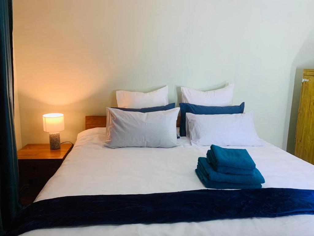 约翰内斯堡Afrikawisa@Rosebank的一张带蓝色床单和枕头的白色床