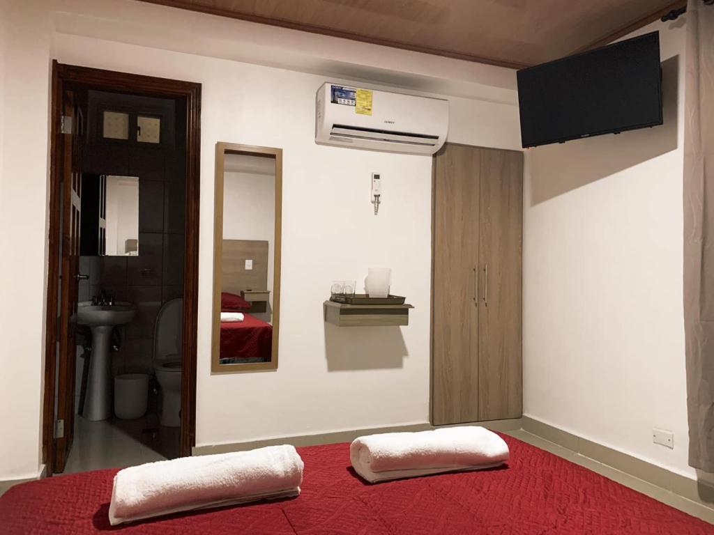 科隆Hotel Internacional de Colón的一间设有两张枕头的床的客房