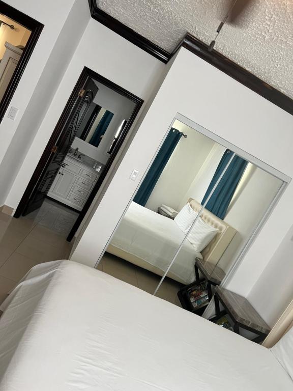 普罗维登西亚莱斯岛R & A turquoise Rental的一间卧室配有一张床和一面大镜子