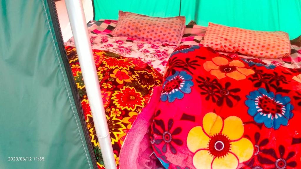KedārnāthNamasteNomads X Musafirokibasti的床上有色彩缤纷的毯子和枕头