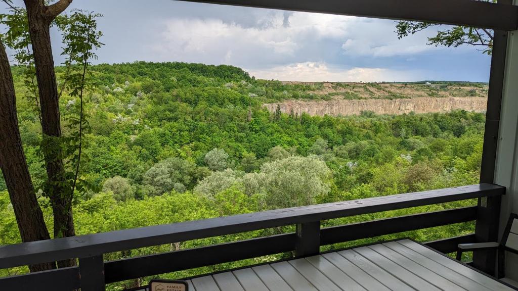 卡缅涅茨-波多利斯基Сottage "Family Estate"的一个带长凳并享有森林景色的门廊