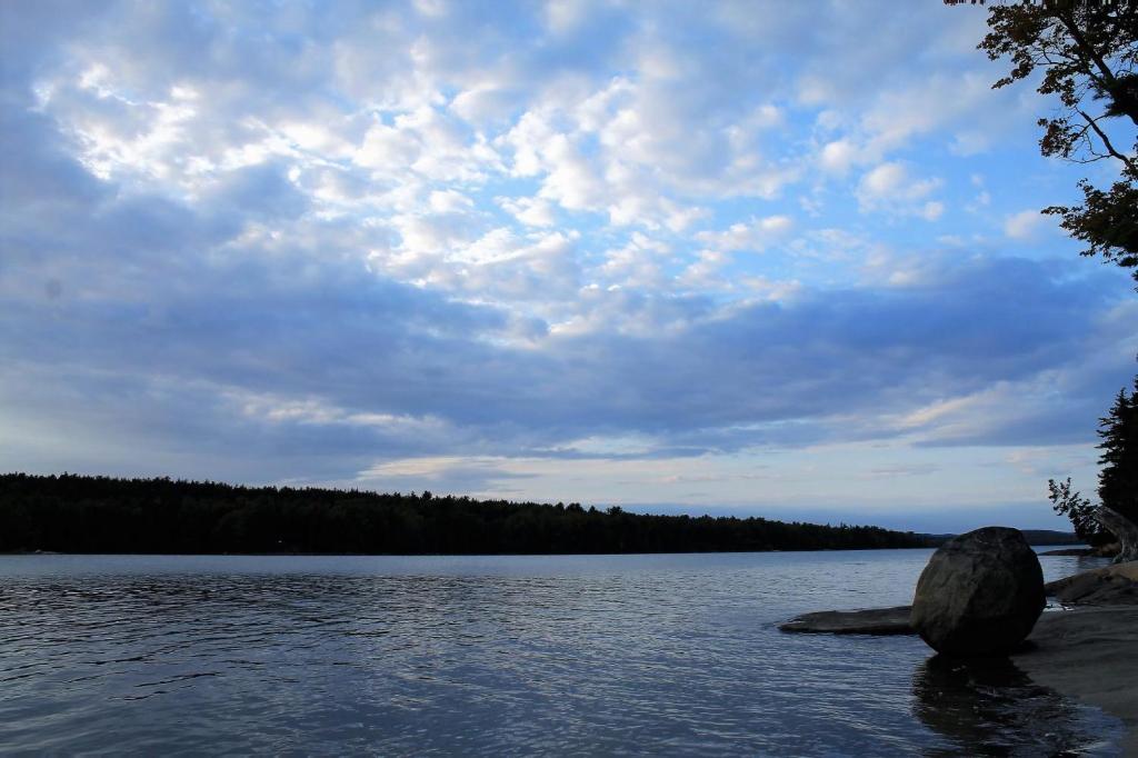 Prospect HarborSunset Cove Cottage private beach的湖岸上的大型岩石