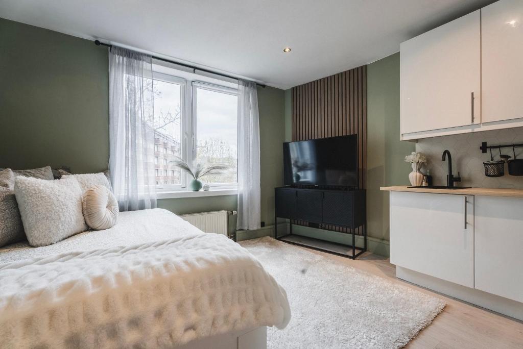 奥斯陆Newly renovated studio apartment at Frogner的一间卧室配有一张床和一台平面电视
