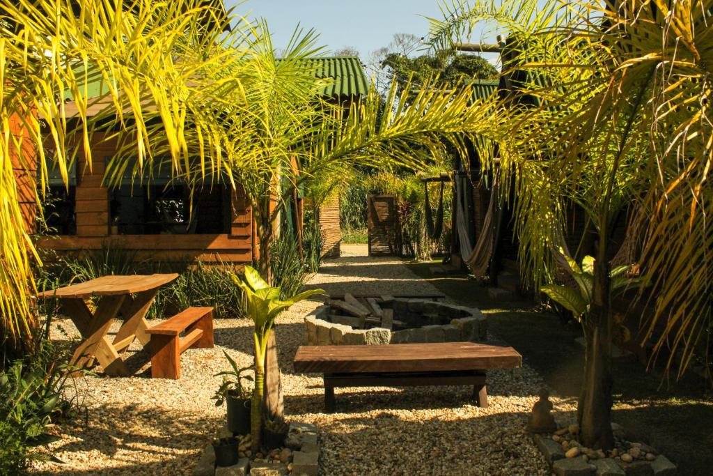 邦比尼亚斯Valhalla Glamping House的一个带长椅的花园和一个种有棕榈树的池塘