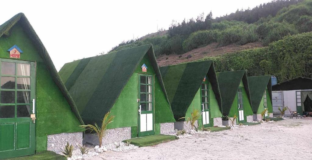 An Vĩnh PhướngHomestay Hang Câu的连排的绿色建筑,背景是一座小山