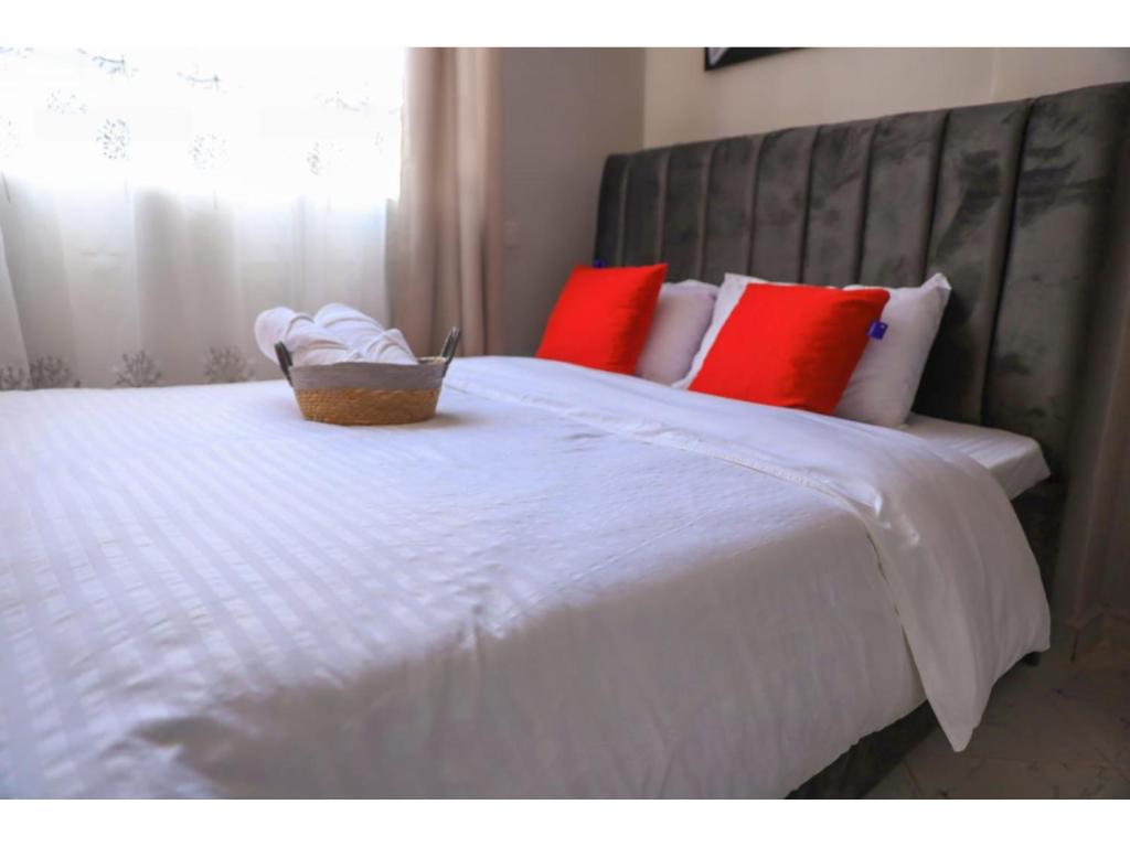 KisiiCH Deluxe Apartments Kisii的一张带红色枕头的白色床和一个篮子