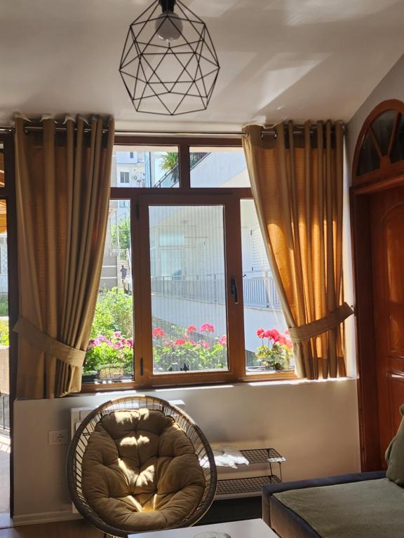 吉诺卡斯特Dhami Apartment的窗户前带椅子的房间