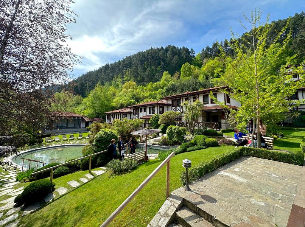代温Spa Hotel Ismena的享有花园、池塘和建筑的景色