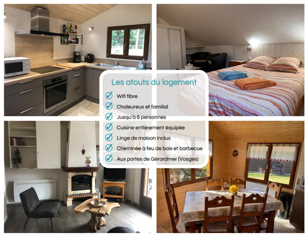 克松吕-隆日梅Chalet CHLOE - jusque 6 pers - Xonrupt Longemer的厨房和卧室的照片拼在一起