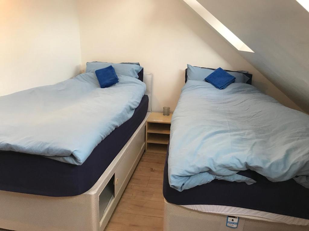 牛津A Comfortable Room in a Friendly Home in Headington, Oxford的小房间设有两张带蓝色枕头的床