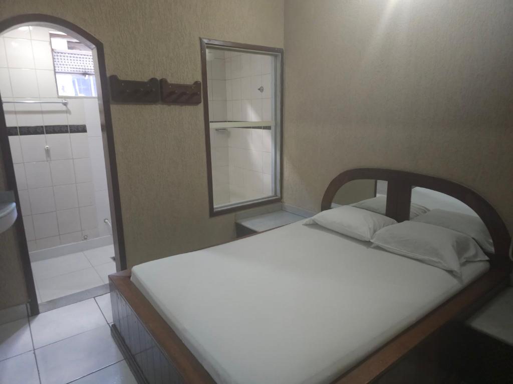 贝洛奥里藏特Motel Onix的一间卧室配有一张带镜子和淋浴的床