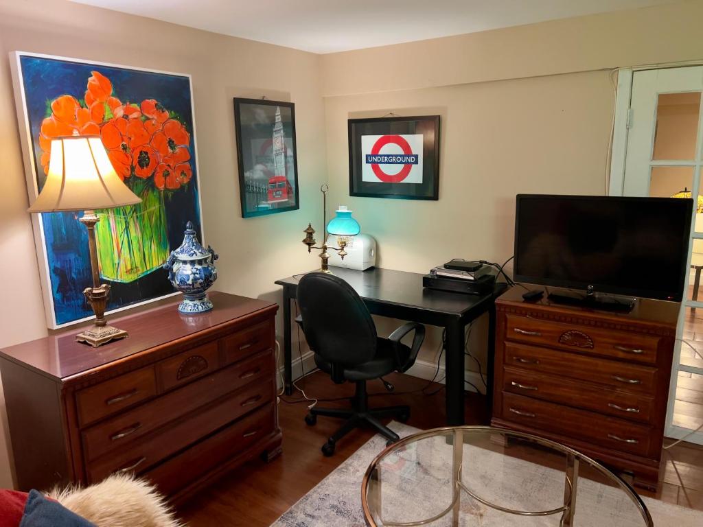 阿林顿Charming 1-bedroom Basement Close to DC Pets Allowed的客房设有书桌、电视和椅子