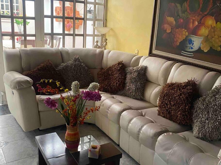 波哥大Hermosa casa con gran ubicación的客厅配有带枕头的白色沙发。