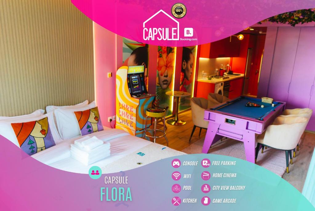 迪拜Capsule Flora business bay view Burj Khalifa-pool table-game arcade-Projector-Playstation 5的一间设有床铺和台球桌的房间