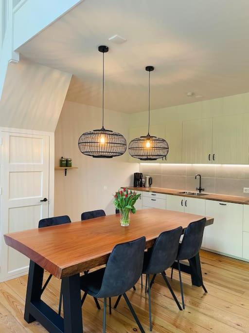 斯内克Appartement Boothuis的厨房配有木桌、椅子和灯