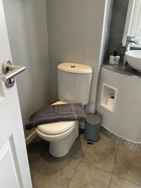 伦敦Top Floor 1 Bedroom Apartment with views over London的浴室配有白色卫生间和盥洗盆。