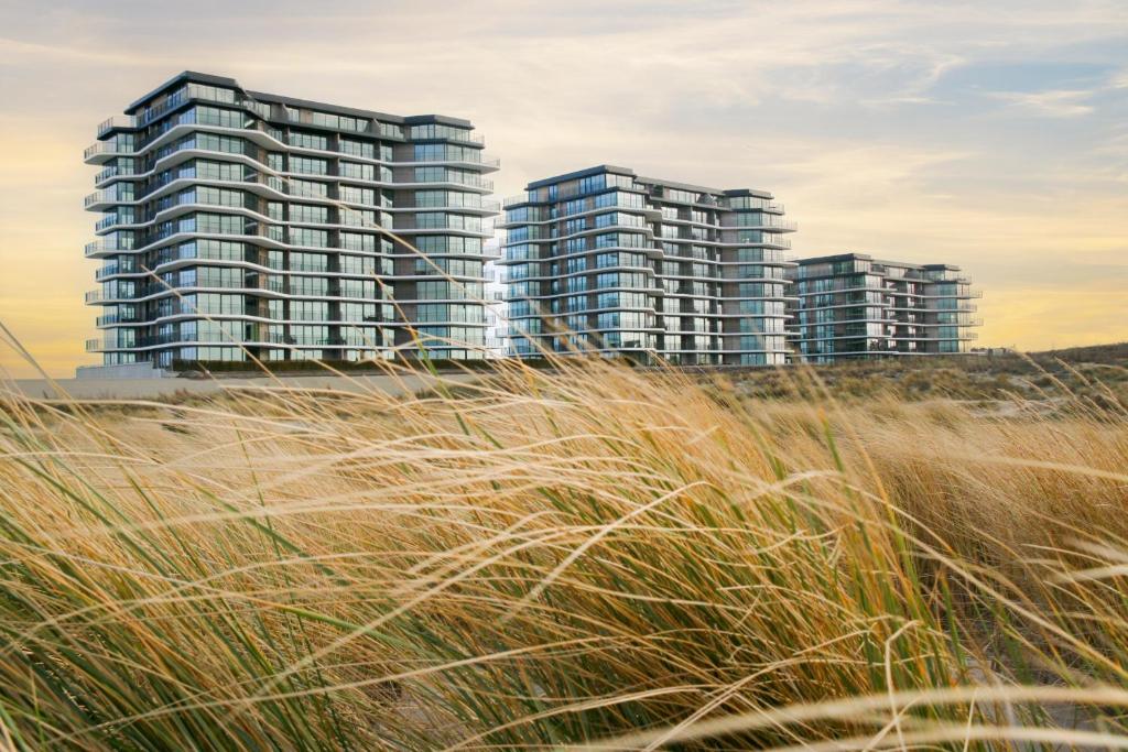 布雷斯肯斯Dormio Breskens Apartments & Penthouses的海滩上两座高大的草屋