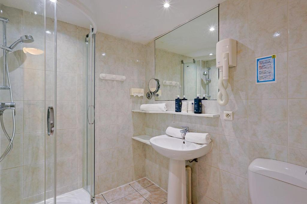 阿盖艾丝特雷拉罗吉斯酒店的带淋浴、盥洗盆和卫生间的浴室