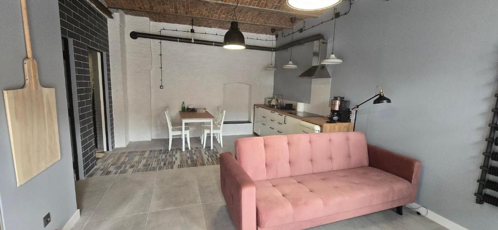 普沃茨克Apartamenty STARA PIEKARNIA的一间带粉色沙发的客厅和一间厨房