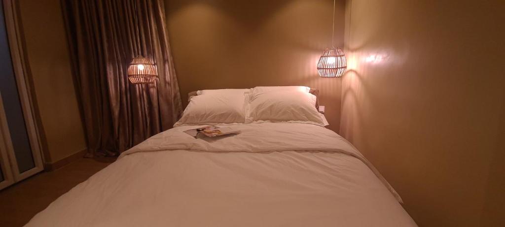 阿布贾Mindyourbusiness villa的一间卧室配有带白色床单和枕头的床。