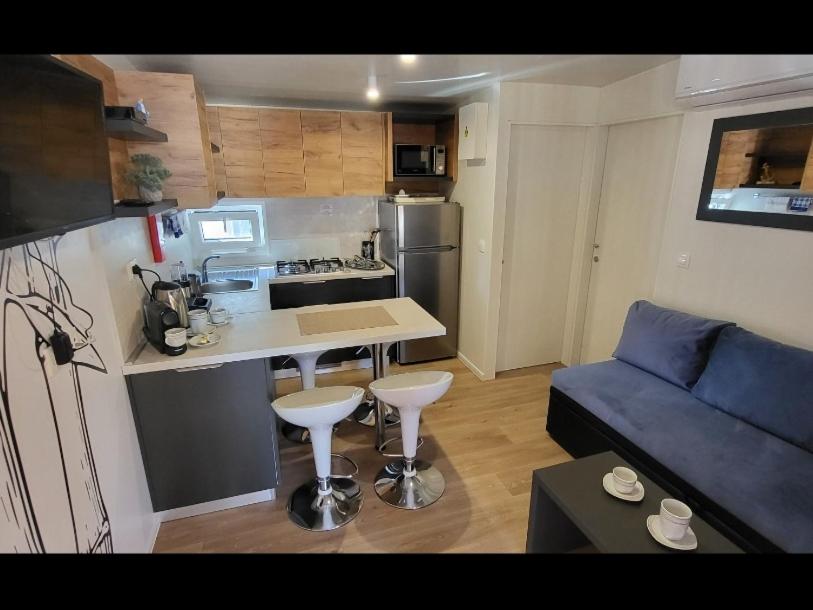 比奥格勒·纳·莫鲁Mobile home JOY的小厨房以及带蓝色沙发的客厅。