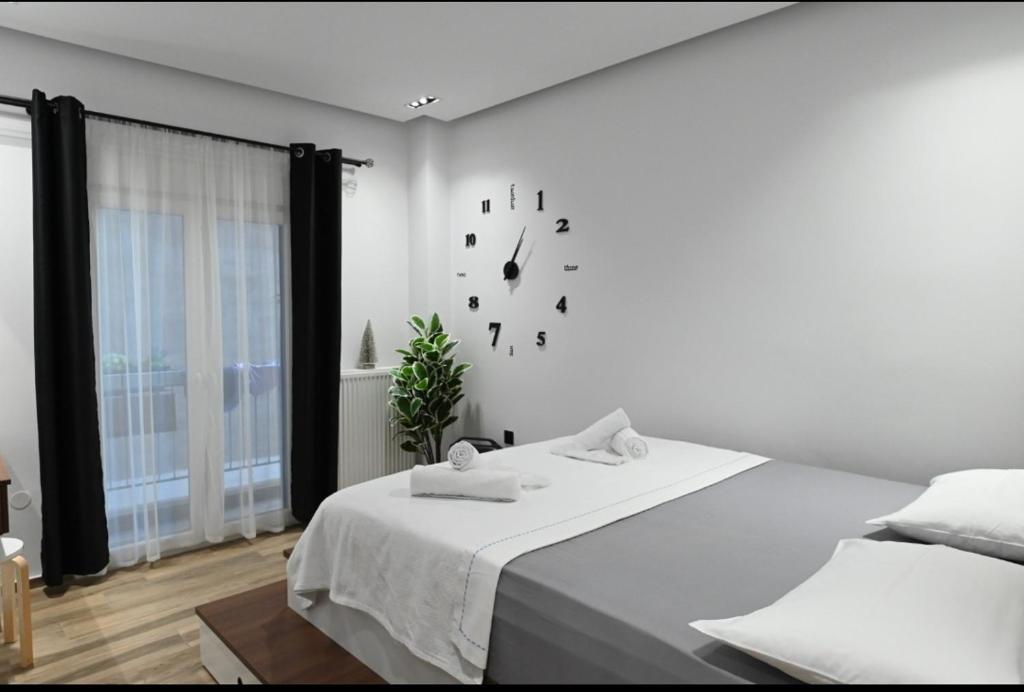 塞萨洛尼基Thessaloniki Amazing Apartment的卧室配有一张床,墙上挂着一个钟